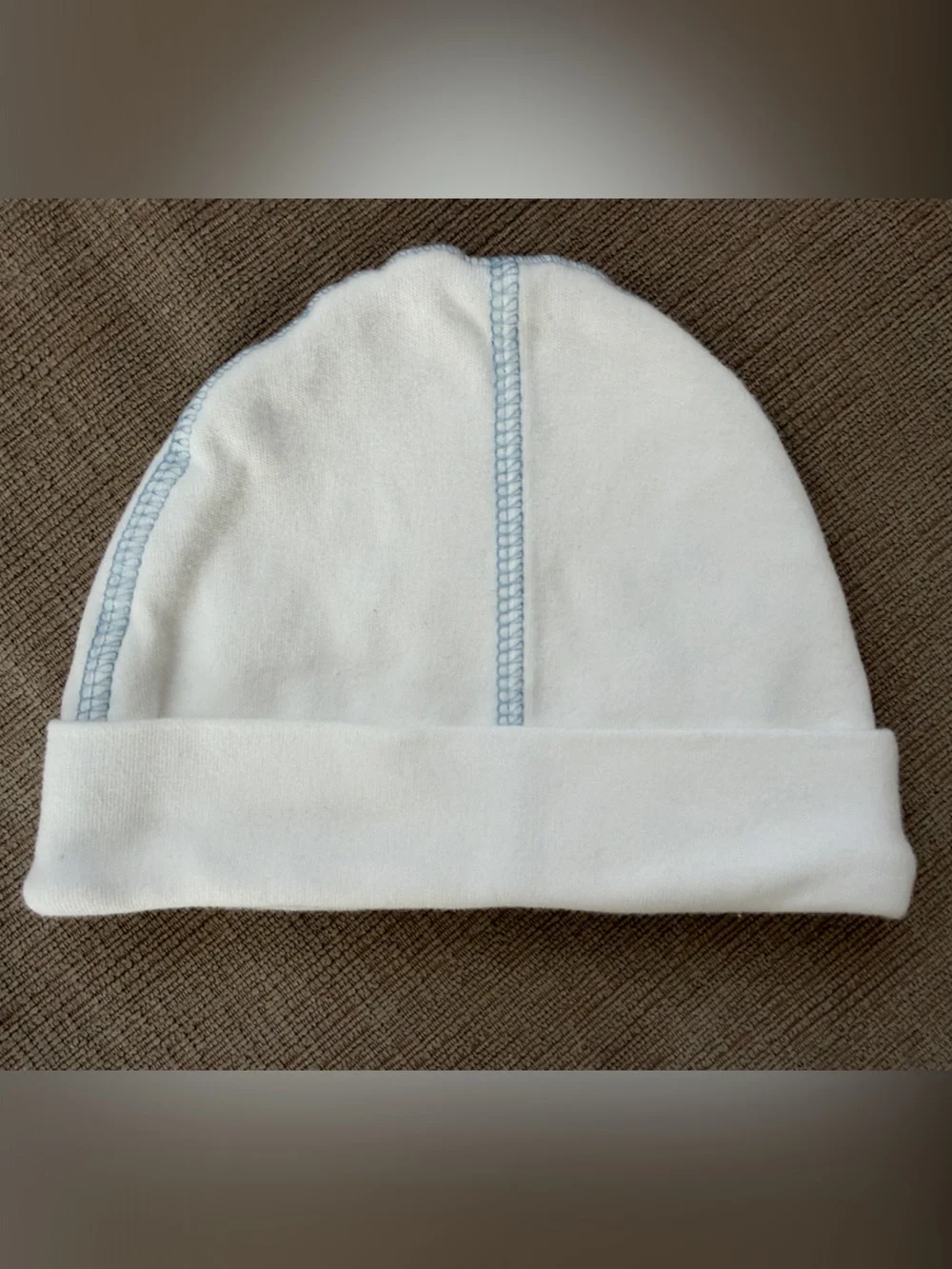 Baby Steps White Beanie with Light Blue Stitching